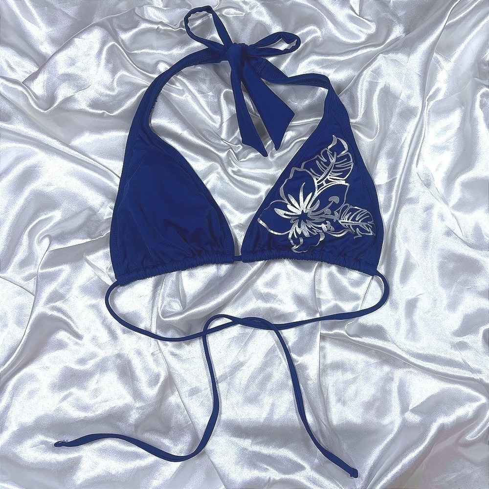y2k tropical Bikini Top Navy Blue Hibiscus Metallic Silver St Tropez